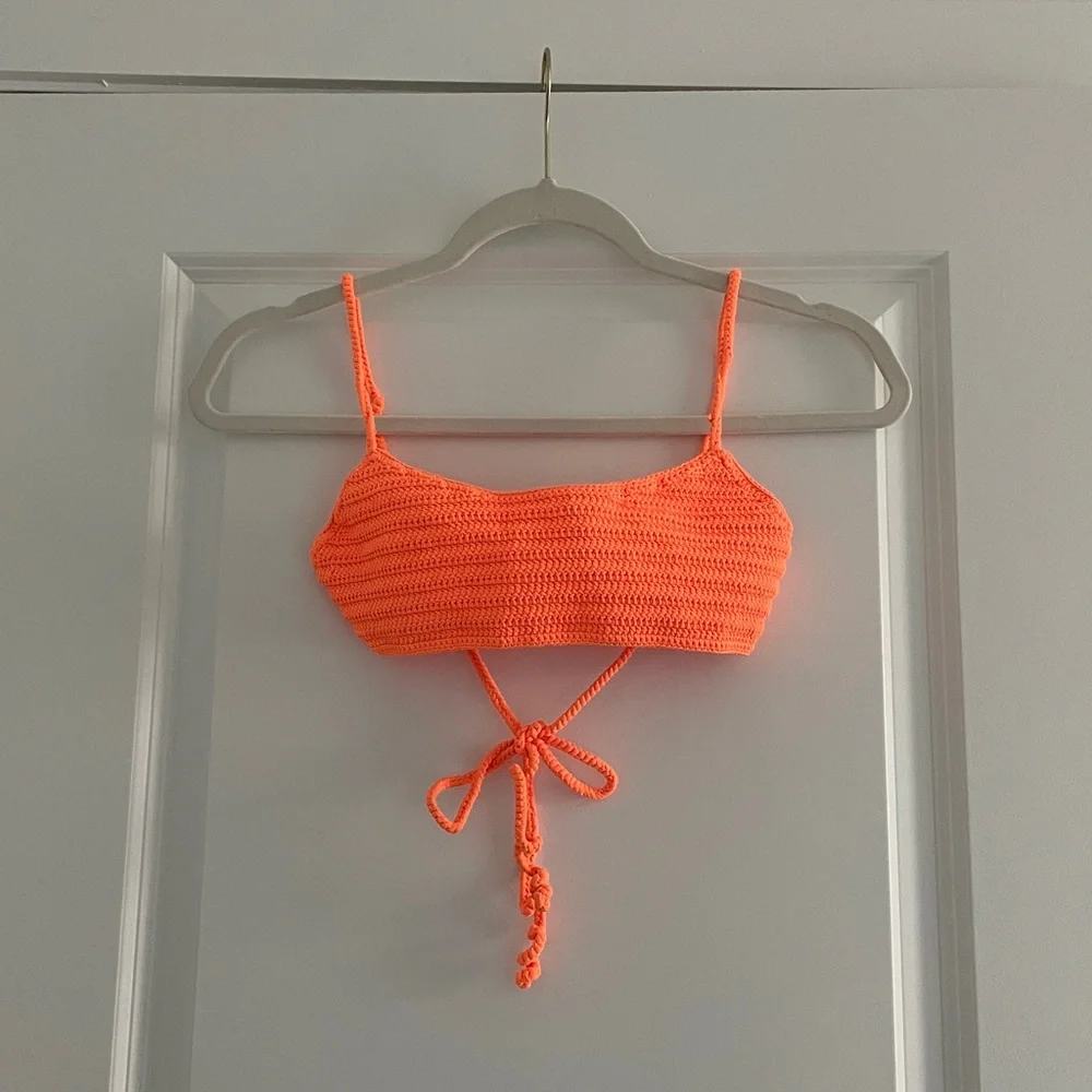 SKIMS Crochet Bikini Top Neon Strappy Beachy Washed Look Tie On Bandeau